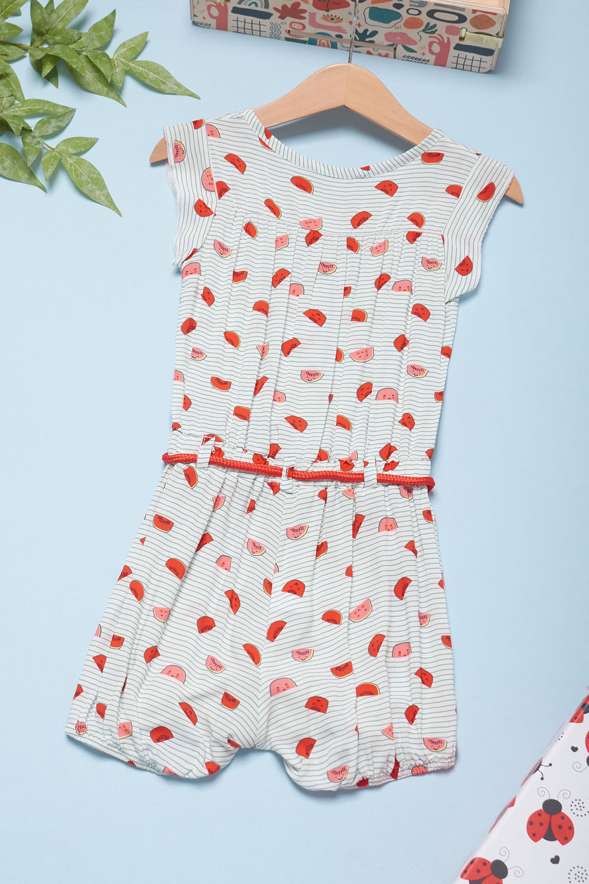Cichlid Baby Girl Snap Button Belt Detail Watermelon Print Romper Jumpsuit