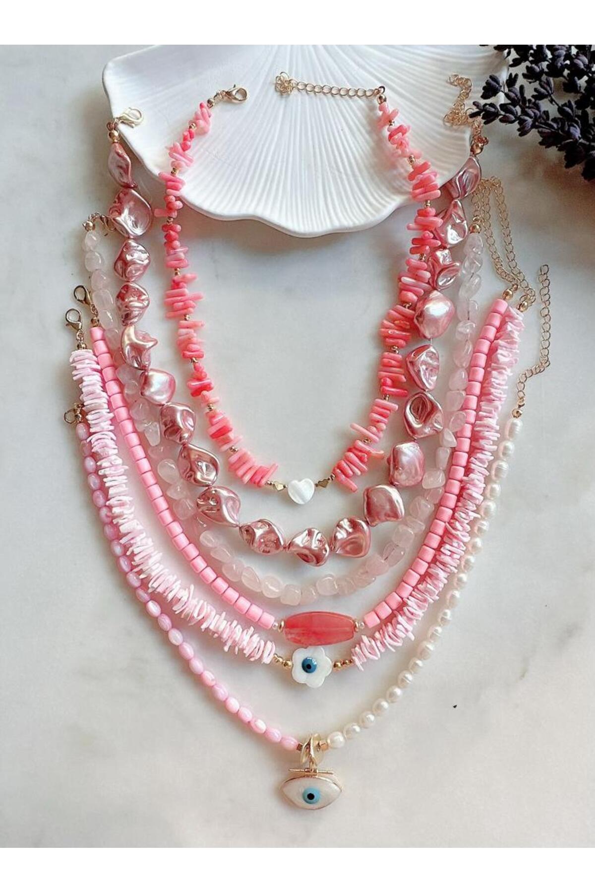 Pembe Kırık Mercan Sedef kolye