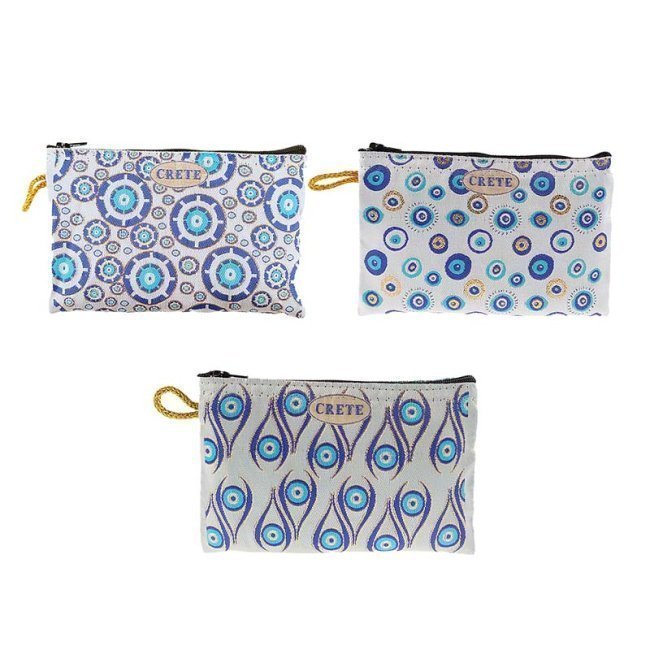 Eye-patterned fabric wallets, measuring 16x0.5x9 cm, intended as souvenirs.
