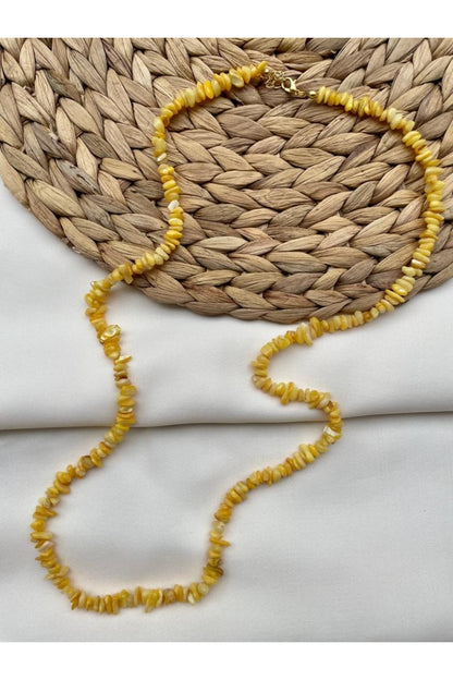 Mother-of-Pearl Natural Crushed Stone Bright Yellow Necklace (Long and Short Wear)