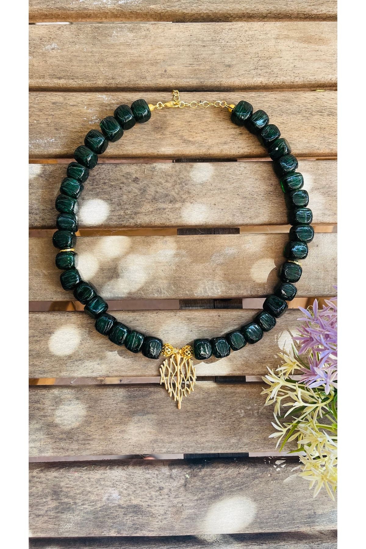 Green square glass bead necklace