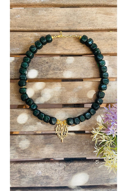 Green square glass bead necklace