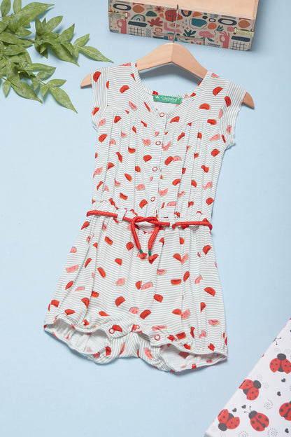 Cichlid Baby Girl Snap Button Belt Detail Watermelon Print Romper Jumpsuit