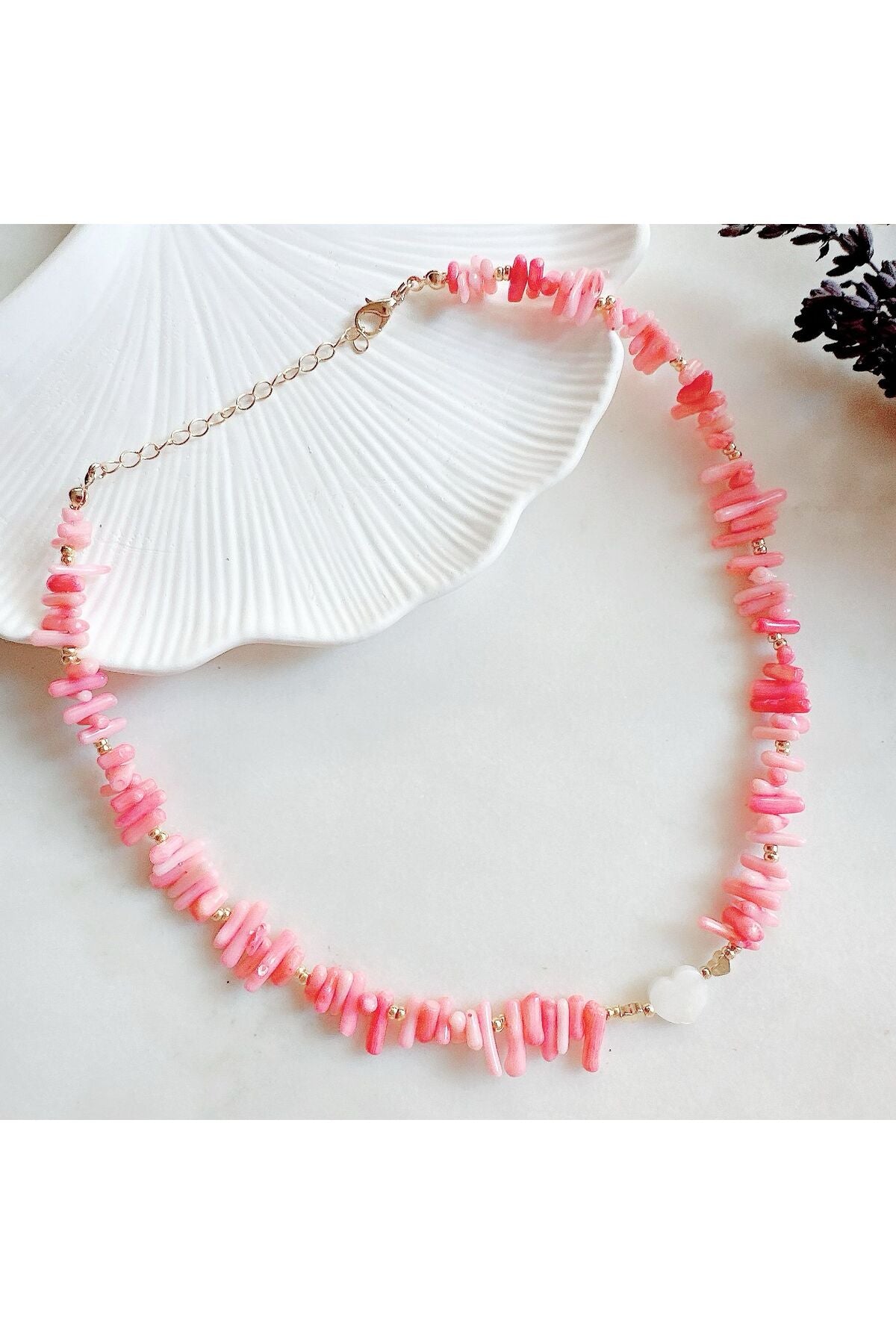 Pink Mother-of-Pearl Heart Coral Necklace (Libra, Scorpio, Pisces)