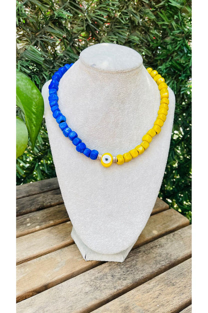 Sapphire blue and yellow evil eye necklace
