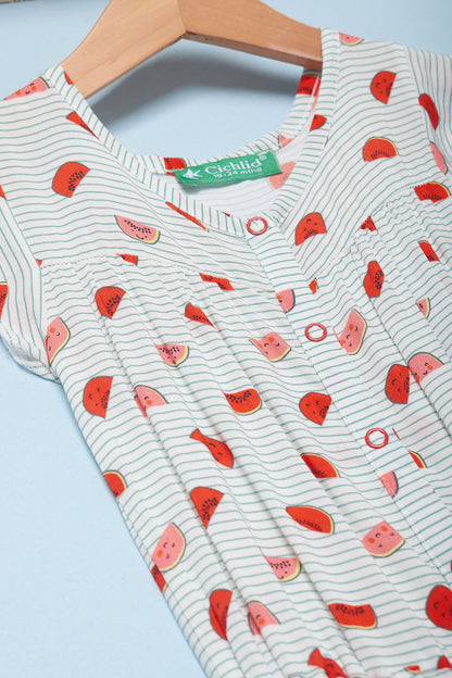 Cichlid Baby Girl Snap Button Belt Detail Watermelon Print Romper Jumpsuit