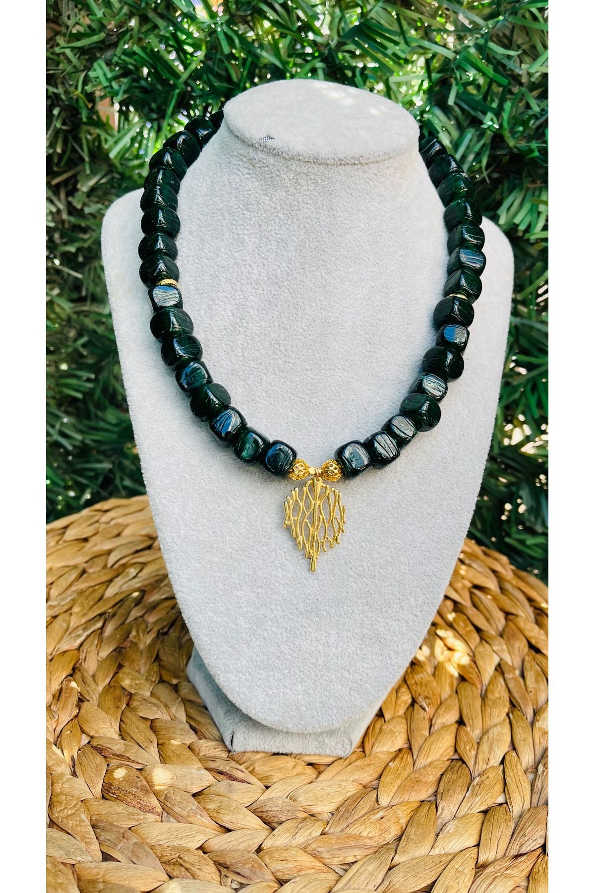 Green square glass bead necklace