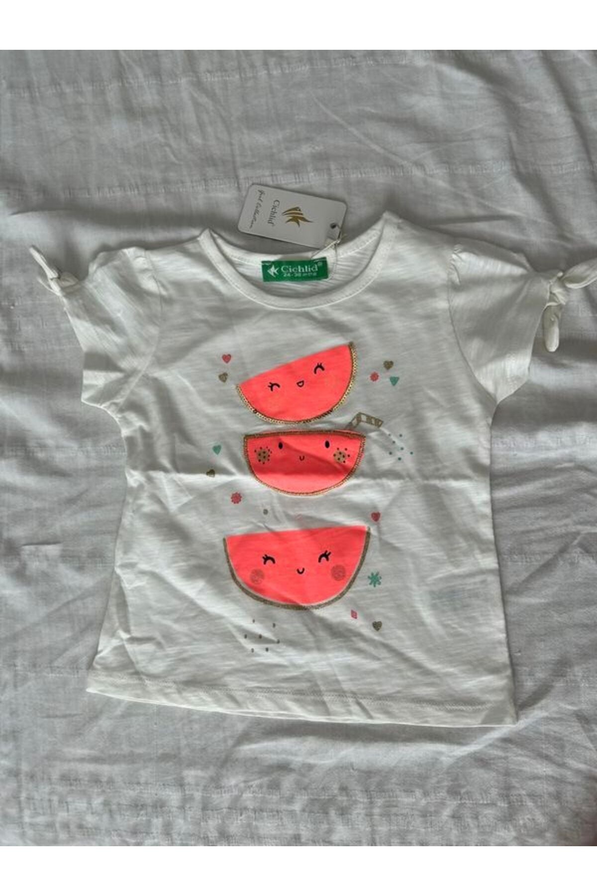 Cichlid Organik Pamuk Kız Bebek Sim Baskılı ve Payet Nakışlı T-Shirt