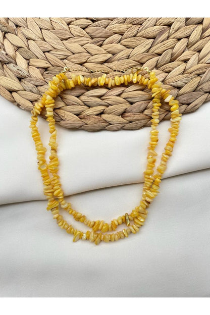 Mother-of-Pearl Natural Crushed Stone Bright Yellow Necklace (Long and Short Wear)