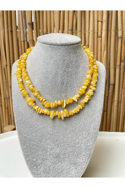 Mother-of-Pearl Natural Crushed Stone Bright Yellow Necklace (Long and Short Wear)
