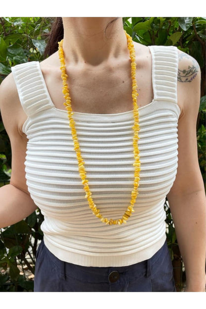 Mother-of-Pearl Natural Crushed Stone Bright Yellow Necklace (Long and Short Wear)