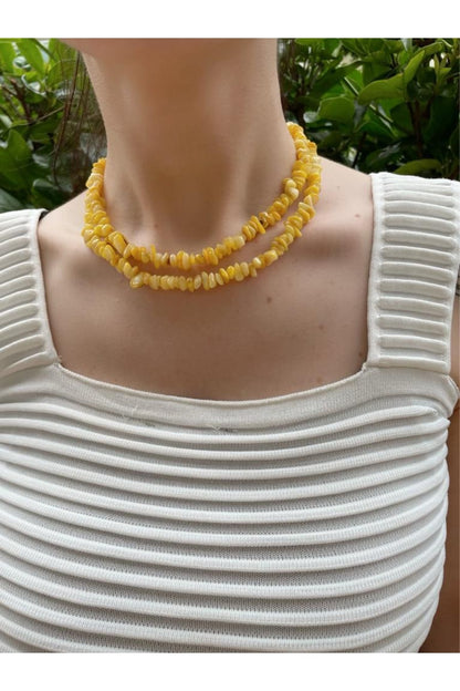 Mother-of-Pearl Natural Crushed Stone Bright Yellow Necklace (Long and Short Wear)
