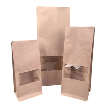 Pencereli, düz tabanlı kraft kağıtlı Doypack ambalaj, 10x23x7 cm, 100 adet.