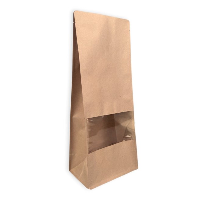 Pencereli, düz tabanlı kraft kağıtlı Doypack ambalaj, 10x23x7 cm, 100 adet.