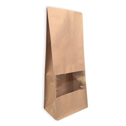 Pencereli, düz tabanlı kraft kağıtlı Doypack ambalaj, 10x23x7 cm, 100 adet.