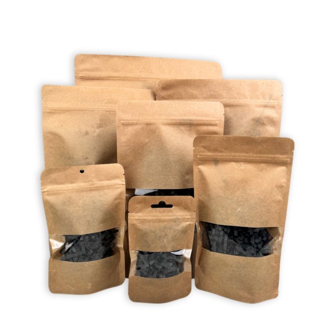 Kraft Doypack Bags with Window and Zipper, 20x30x10cm, 1000g, 100 pieces