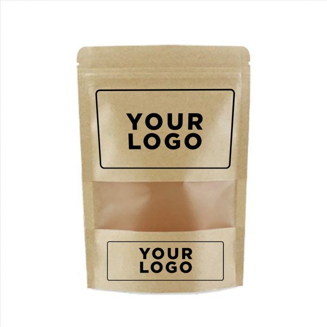 Windowed and Logoed Brown Kraft Doypack