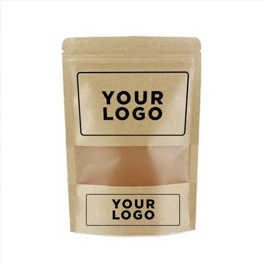 Windowed and Logoed Brown Kraft Doypack