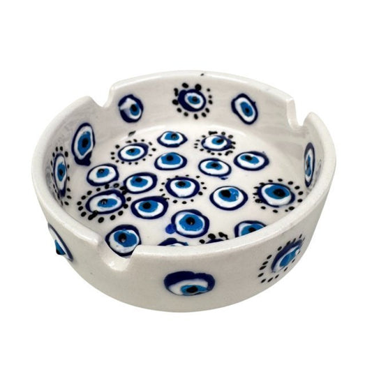 Embossed Eye Pattern Ceramic Ashtray 8x3cm Small Size WHITE